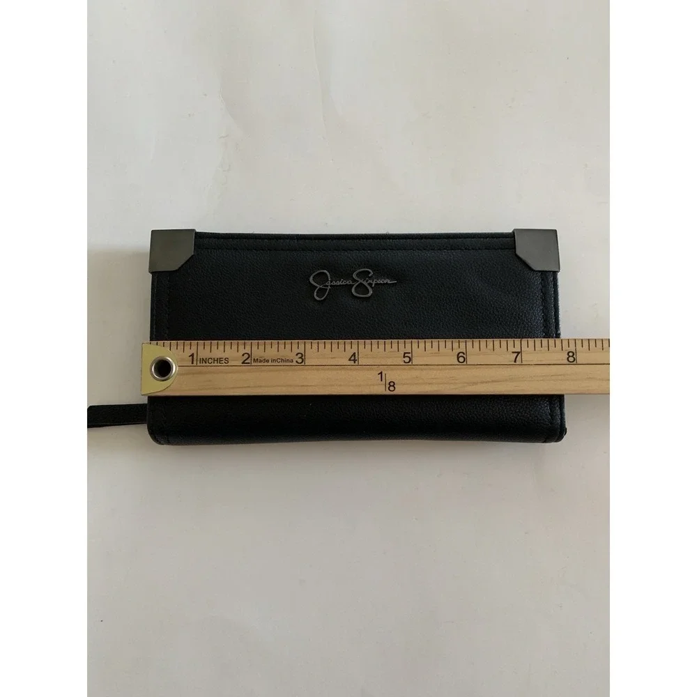 Jessica Simpson Women's Black Continental Wallet Clutch Gunmetal Logo Card Slots